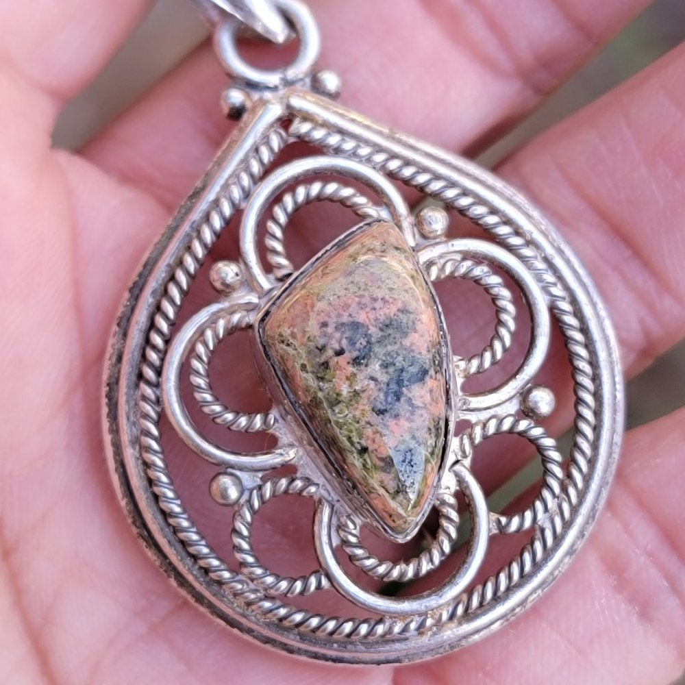 Gorgeous large stamped 925 unakite jasper openwork teardrop necklace pendant